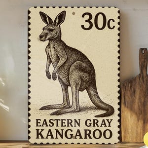 Eastern Gray Kangaroo Metal Sign – Vintage Stamp Style Wall Art for Home, Cabin, or Rustic Decor – Australia Print