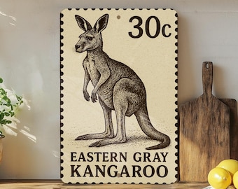 Eastern Gray Kangaroo Metal Sign – Vintage Stamp Style Wall Art for Home, Cabin, or Rustic Decor – Australia Print