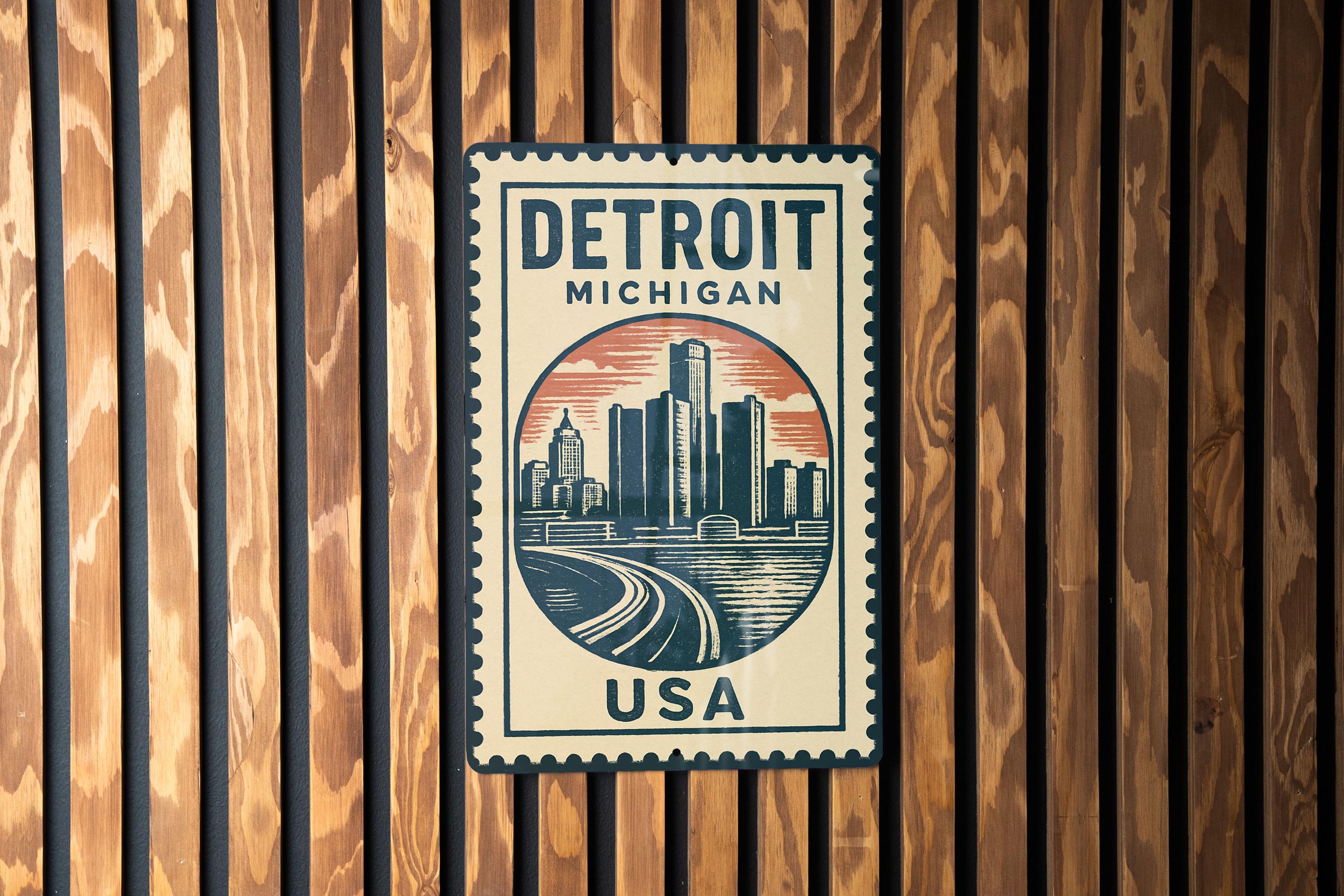 Detroit Michigan Metal Sign – Vintage Stamp Style Wall Art for Home ...