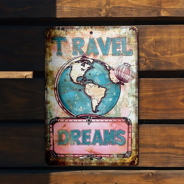 Travel Dreams Metal Sign, Globe and Suitcase, Pastel Colors, Travel Frame, Bold Font