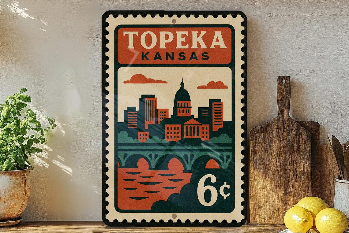 Topeka Kansas Metal Sign – Retro Postage Stamp Design Featuring City ...