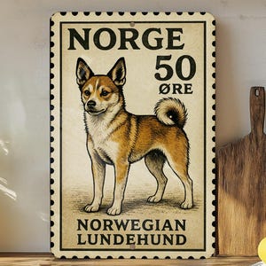 Norwegian Lundehund Dog Metal Sign – Vintage Stamp Style Wall Art, Rustic Nordic Pet Decor for Home or Cabin