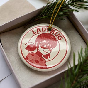 Ladybug Ceramic Ornament – Round Stamp Style Insect Art, Nature Lover Gift, Red Bug Holiday Tree Decor, Garden Theme Keepsake