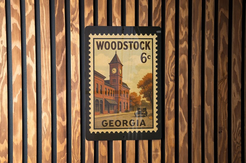 A vintage-style postage stamp from Woodstock, Georgia, featuring a building with a clock tower and the text "WOODSTOCK 6c GEORGIA".