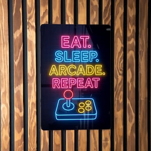 Eat Sleep Arcade Repeat Metal Sign – Neon Arcade Joystick Wall Decor for Game Room, Gamer Gift, Retro Gaming Man Cave Sign