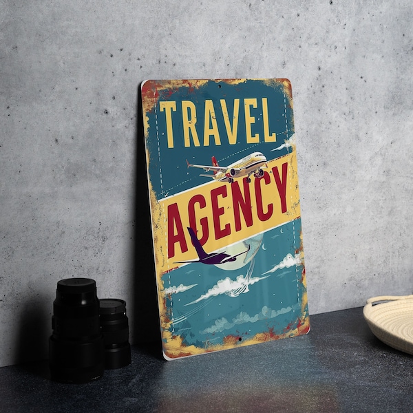Travel Agency Vintage Sign, Globe Airplane Illustration, Pastel Travel Frame, Bold Font Metal Sign