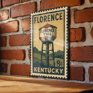 A vintage-style poster of a water tower, labeled "FLORENCE Y'ALL" and "KENTUCKY", is displayed on a brick wall.