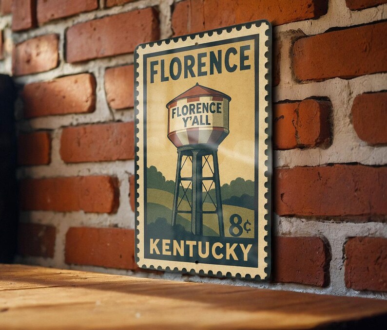 A vintage-style poster of a water tower, labeled "FLORENCE Y'ALL" and "KENTUCKY", is displayed on a brick wall.