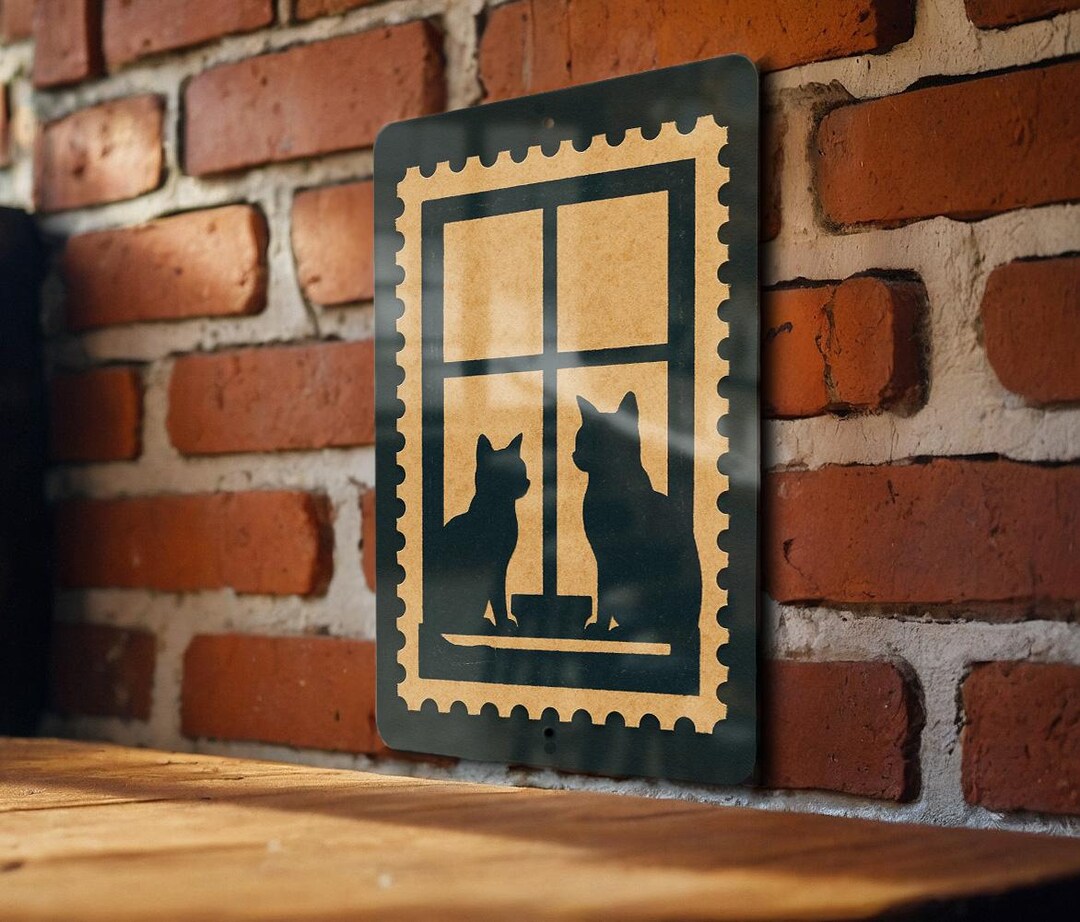Window Silhouette Cats Metal Sign – Vintage Stamp Style Wall Art for ...