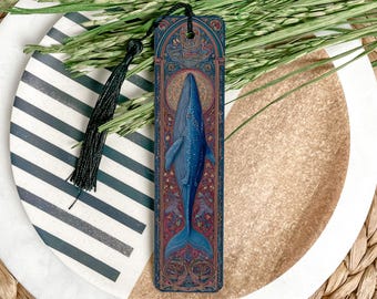 Blue Whale Gothic Illumination Metal Bookmark – Artistic Medieval Manuscript Style, Highly Detailed Ocean Gift