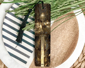 Golden Warrior Metal Bookmark, Shining Sword, Golden Armor, Warrior Decor, Book Accessory
