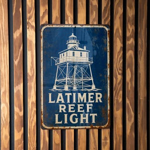 Latimer Reef Light Lighthouse Metal Sign, Vintage Blueprint Style Nautical Coastal Decor, Maritime Lighthouse Wall Art Sign