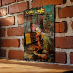 May include: A digital art print featuring a person working on a computer in a futuristic setting. The print has a green, yellow, and red color scheme and the text "Code Logic" at the top.
