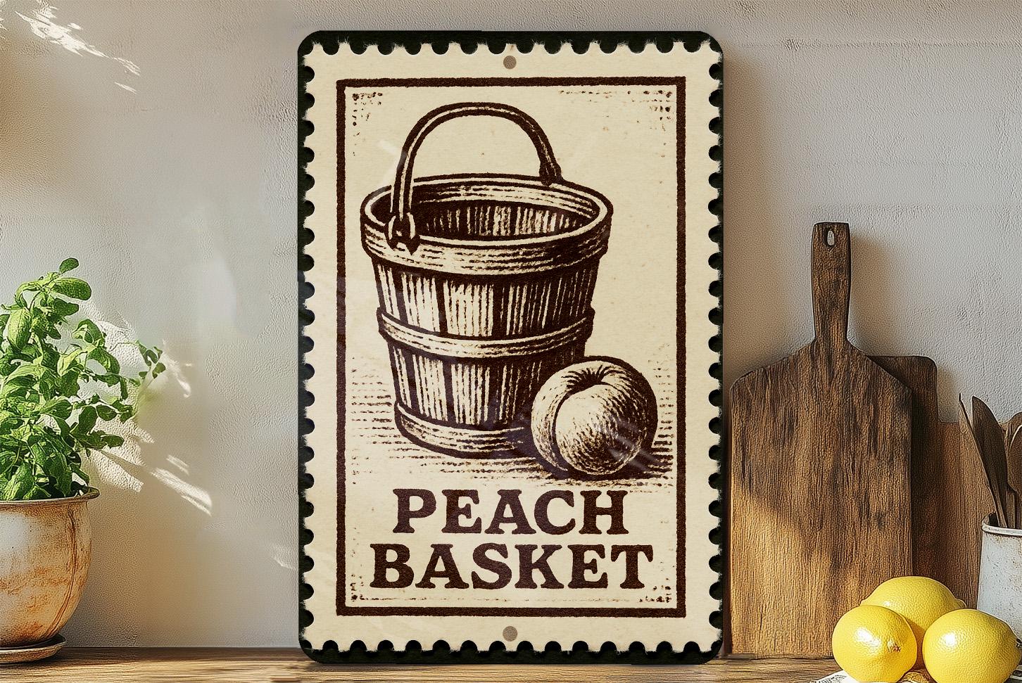 木工壁掛け雑貨　カントリーキッチン文字 Vintage Peach Basket Metal Sign – Rustic Farmhouse Kitchen Decor