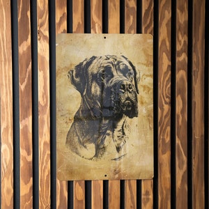 a picture of a dog on a wooden wall