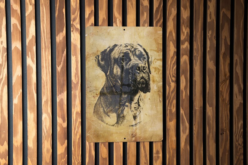 a picture of a dog on a wooden wall