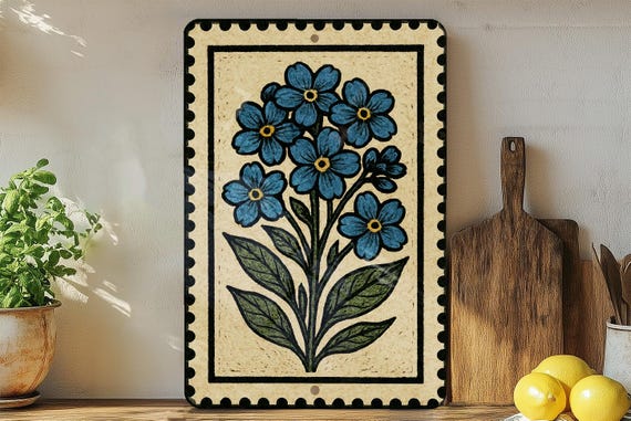 Forget Me Not Flower Metal Sign – Vintage Stamp Style Wall Art, Botanical Floral Decor, Rustic Garden Gift for Nature Lovers