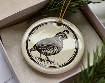 Quail Ceramic Ornament – Round Stamp Style Bird Art, Rustic Wildlife Christmas Decor, Nature Lover Gift, Handmade Keepsake