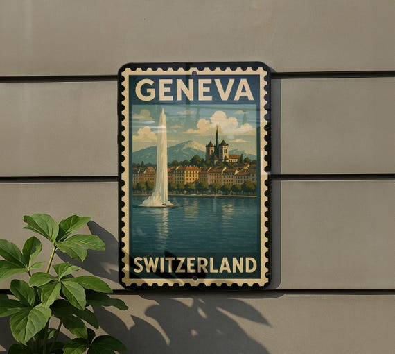Geneva Switzerland Metal Sign – Vintage Travel Stamp Style Wall