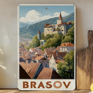 Retro Brasov Bran Travel Poster Metal Tin Sign – Vintage Wall Decor for Home, Bar, Man Cave, Romania Souvenir Art