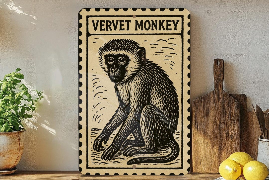 MONKEY SIGN（REVERSE Ver.）モンキーサイン Vervet Monkey Stamp Art Metal Sign – Vintage Wall Decor for Home
