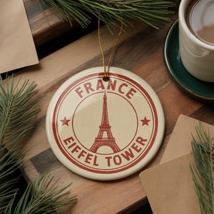 Eiffel Tower Ceramic Ornament – Paris France Souvenir, Round Stamp Style Travel Gift, French Christmas Tree Decoration
