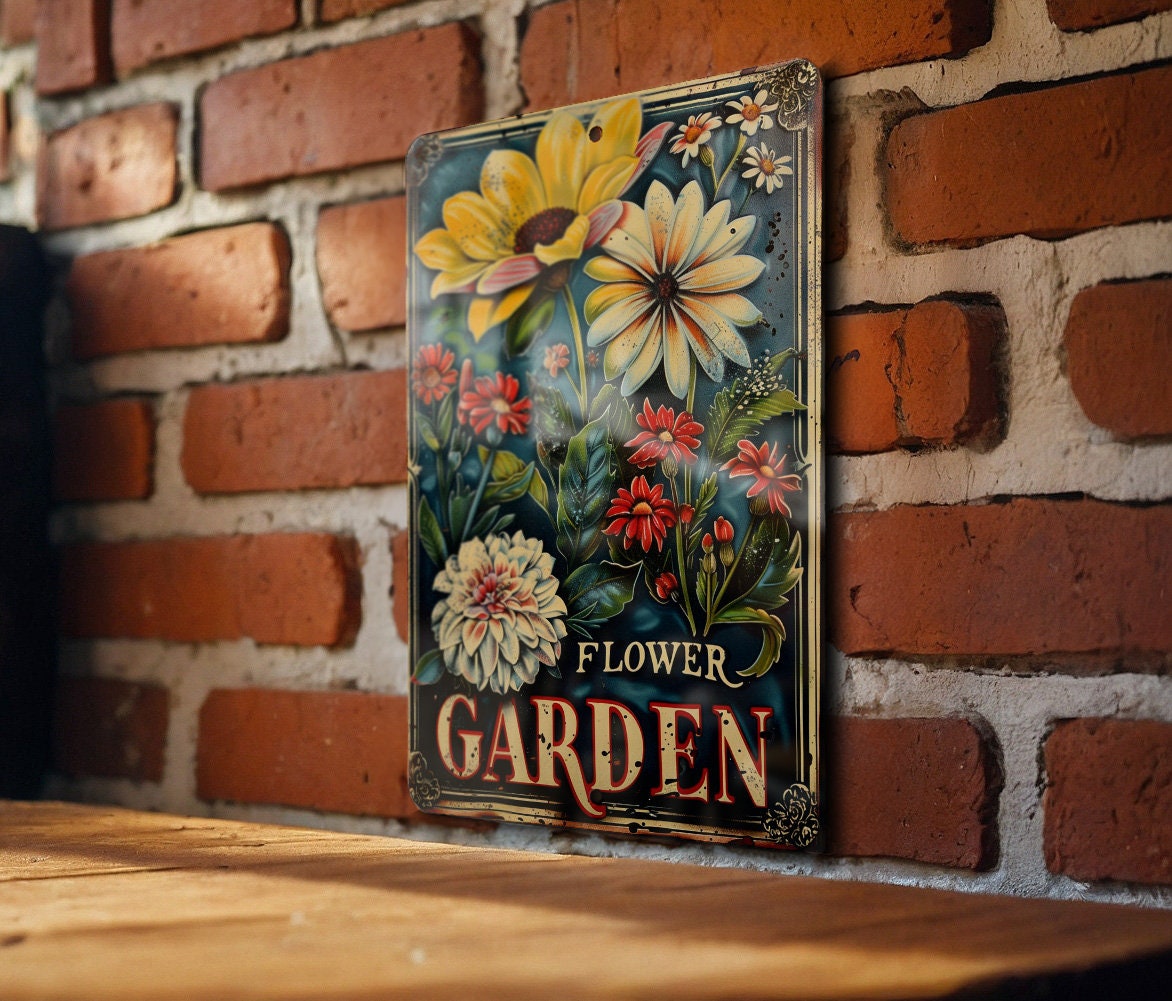 Rustic Flower Garden Metal Sign, Vintage Style, Elegant Font, Garden Frame, Flower Illustration