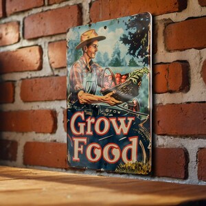 a sign on a brick wall that says grow food