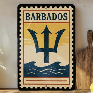 Barbados Stamp Metal Sign – Vintage Caribbean Wall Art, Tropical Travel Poster, Island Decor for Home or Bar