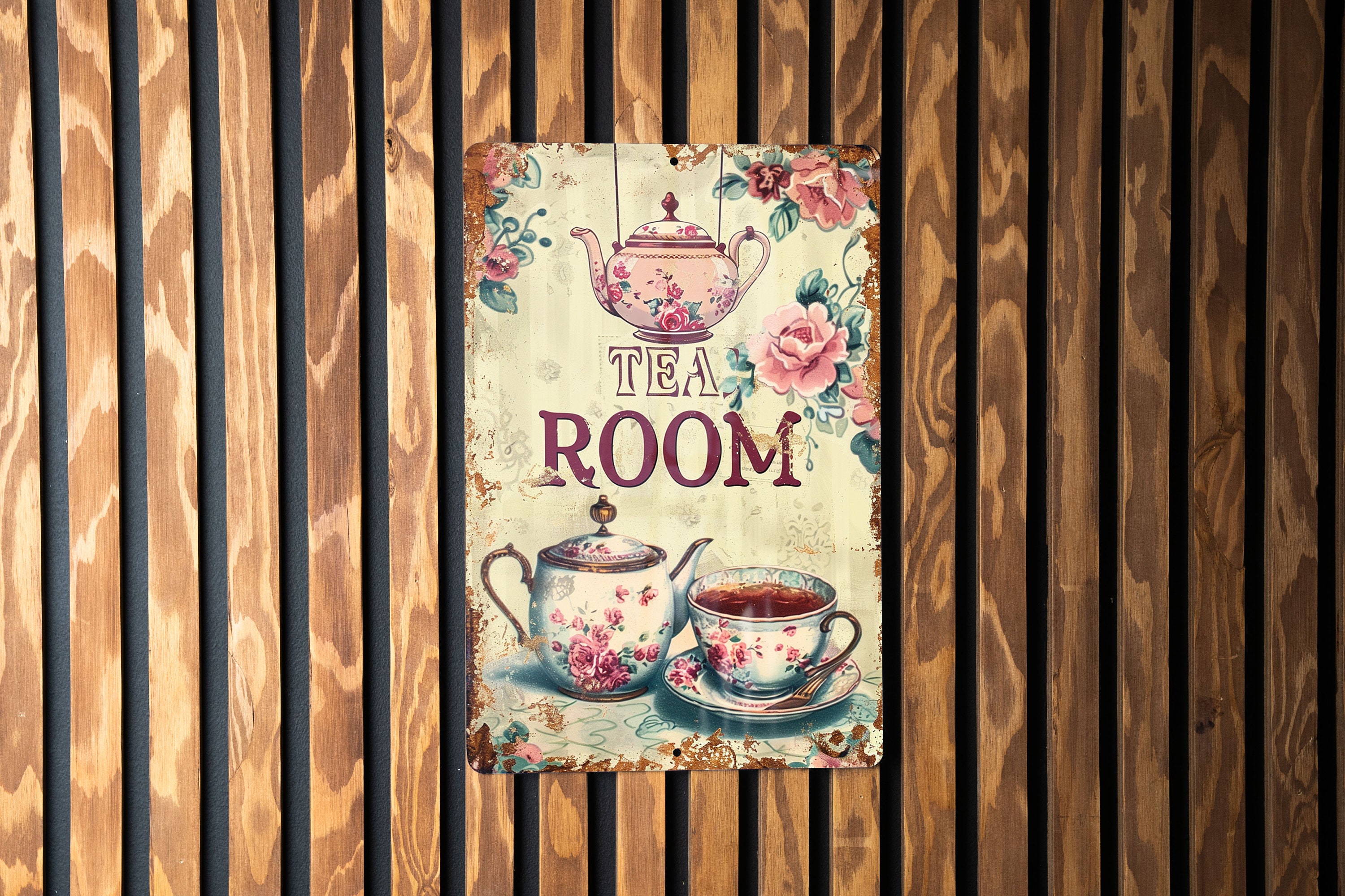 Vintage Tea Room Metal Sign: Victorian, Teapot and Cups, Soft Tones ...