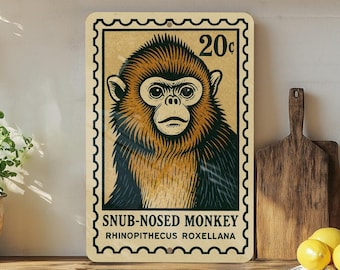 Snub-Nosed Monkey Metal Wall Sign – Vintage Stamp Style Primate Art, Retro Jungle Animal Decor for Home or Cabin