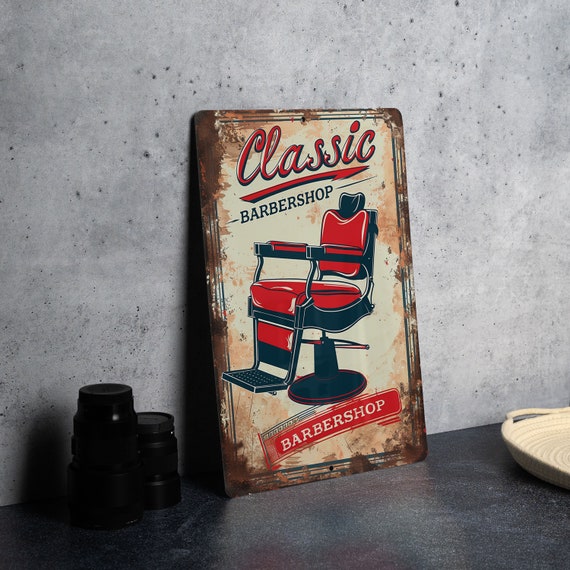 Classic Barbershop Metal Sign: Barber Chair, Retro Colors, Vintage Frame, Script Font