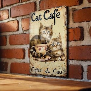 Cat Cafe Metal Sign: Coffee & Cats, Vintage Style Decor, Aluminum Wall Art, Cat Lover Gift, Cafe Decoration