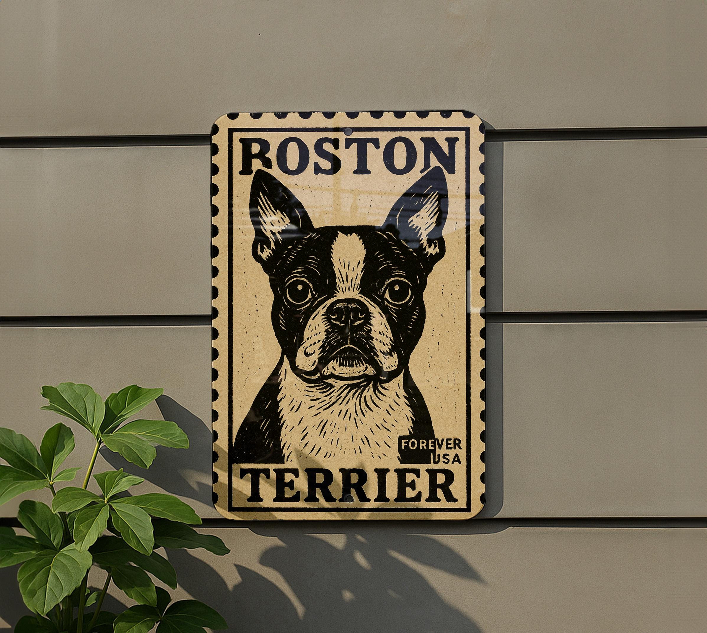 Boston Terrier Metal Sign – Vintage Stamp Style Dog Wall Art