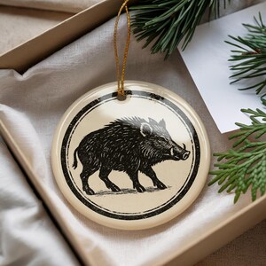 Wild Boar Ceramic Ornament – Rustic Circular Stamp Style Animal Art, Woodland Hunter Gift, Wildlife Christmas Tree Decor