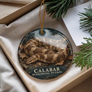 A decorative ornament featuring a Burrowing Python snake, with the text "CALABAR BUROWING PYTHON" printed on it.
