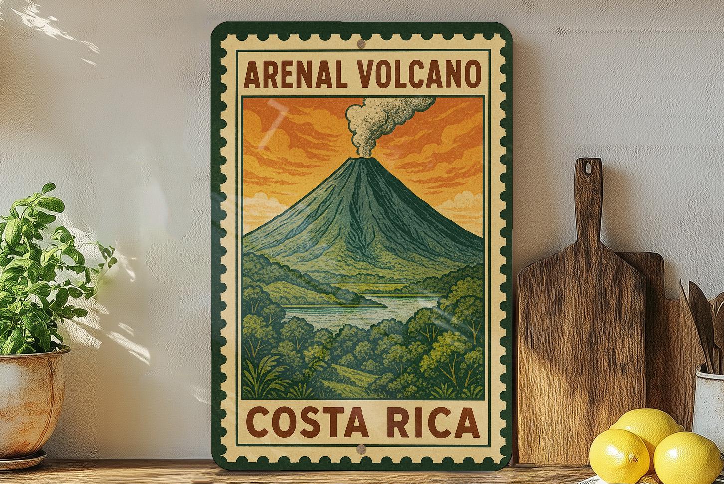 Arenal Volcano Costa Rica Metal Sign – Vintage Travel Stamp Style