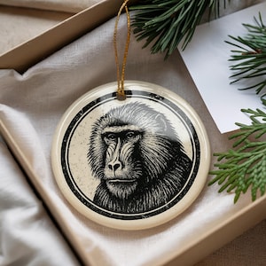 Baboon Ceramic Ornament – Circular Stamp Style Animal Art, Safari Wildlife Decor, Handcrafted Jungle Monkey Keepsake Gift