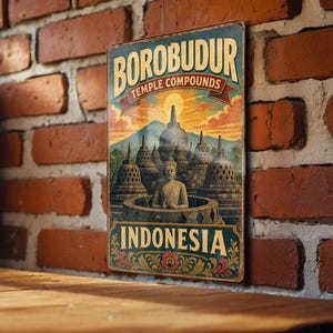 May include: Vintage metal sign featuring the Borobudur Temple Compounds in Indonesia. The sign has a distressed look with a colorful illustration of the temple, a seated Buddha, and the text "BOROBUDUR TEMPLE COMPOUNDS INDONESIA."