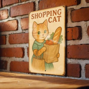 1950s Storybook Shopping Cat Tin Sign – Vintage Pastel Metal Wall Art, Cozy Retro Home Decor, Lightly Aged Edges