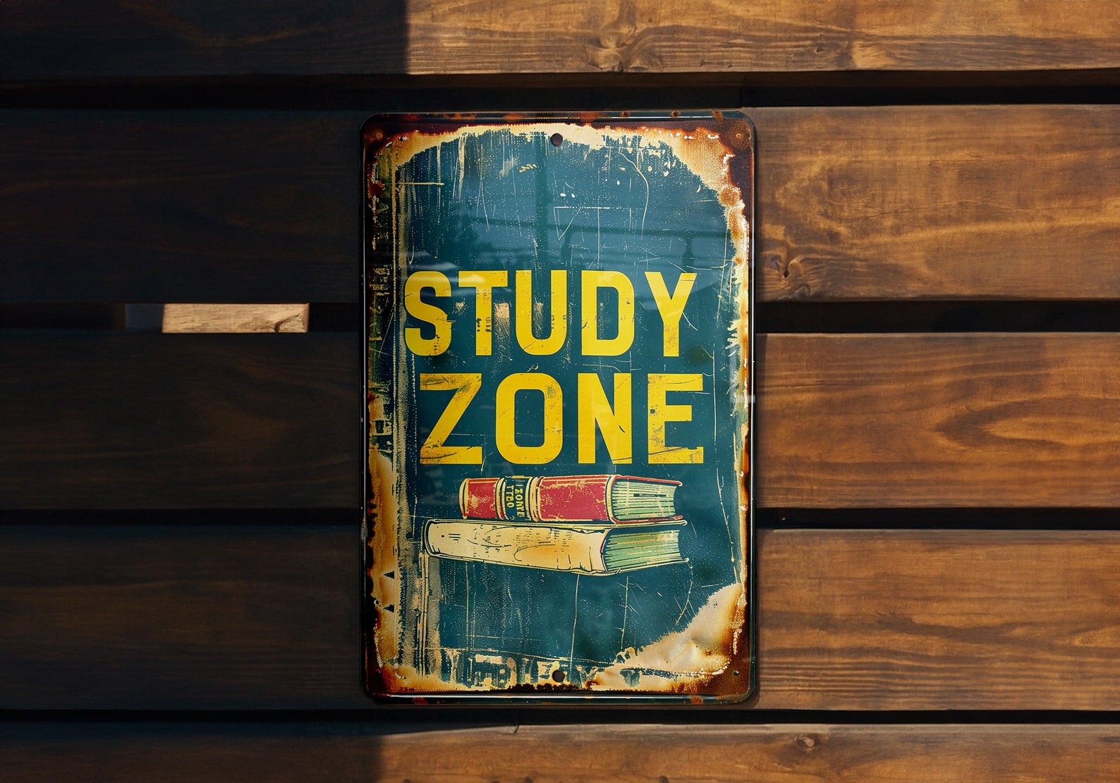 Study Zone Metal Sign, Vintage Style, Book Illustration, Primary Colors ...