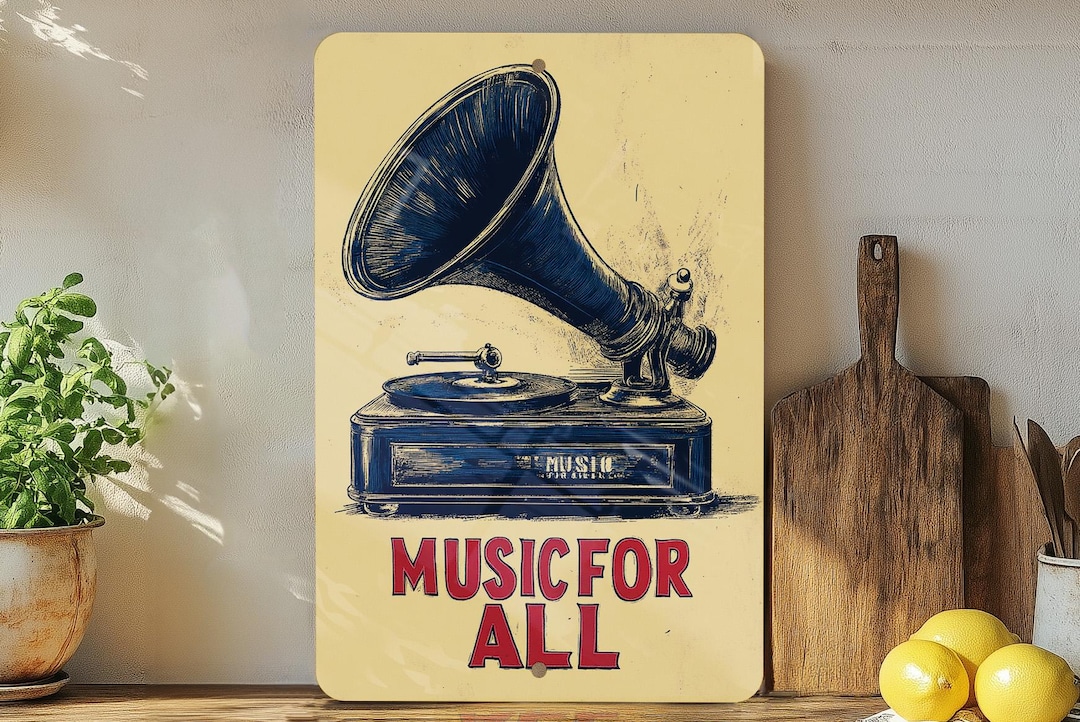 Vintage Gramophone Metal Sign, Retro Home Decor, Navy and Crimson Wall ...