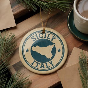Sicily Italy Ceramic Ornament – Vintage Circular Stamp Style Travel Keepsake, Italian Souvenir Christmas Decoration