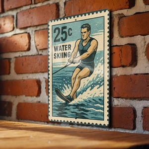 Water Skiing Retro Metal Sign – Vintage Stamp Style Wall Art for Lake House, Cabin Decor, Nautical Sports Gift