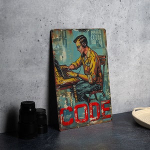 May include: A vintage-style metal sign with a distressed, weathered look. It features a cartoon illustration of a person wearing headphones and typing on a laptop. The text "CODE" is prominently displayed in red letters.