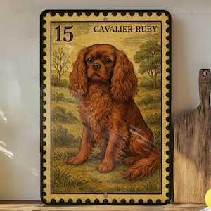 May include: A rectangular metal sign featuring a Cavalier Ruby dog illustration, designed to resemble a postage stamp. The sign has a black border and the number "15" in the upper left corner. The dog is brown with long, wavy fur.