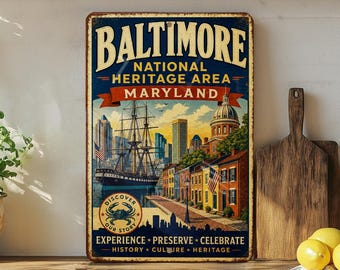 Baltimore National Heritage Area Maryland Vintage Style Metal Sign, Baltimore Landmark Souvenir Wall Decor Plaque