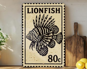 Lionfish Metal Wall Art –  Stamp Style Ocean Decor Sign for Beach House, Nautical Coastal Marine Wall Hanging