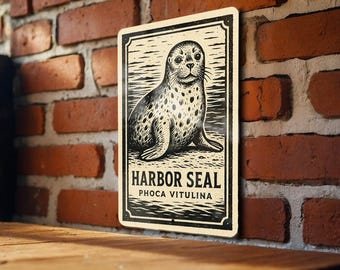 Harbor Seal Stamp Style Metal Sign –  Rustic Coastal Wall Art, Marine Animal Decor for Beach House or Cabin