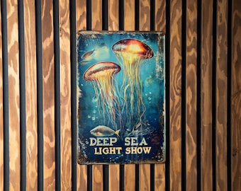 Vintage Style Tin Sign, Jellyfish Bioluminescence, Deep Sea Light, Metal Wall Decor, Ocean Theme Art